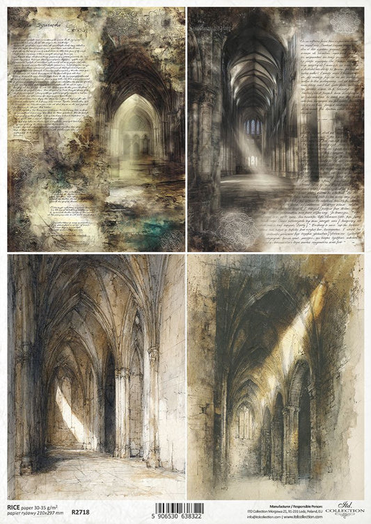 Collage of four gothic cathedral interior designs with text overlay on a textured background.