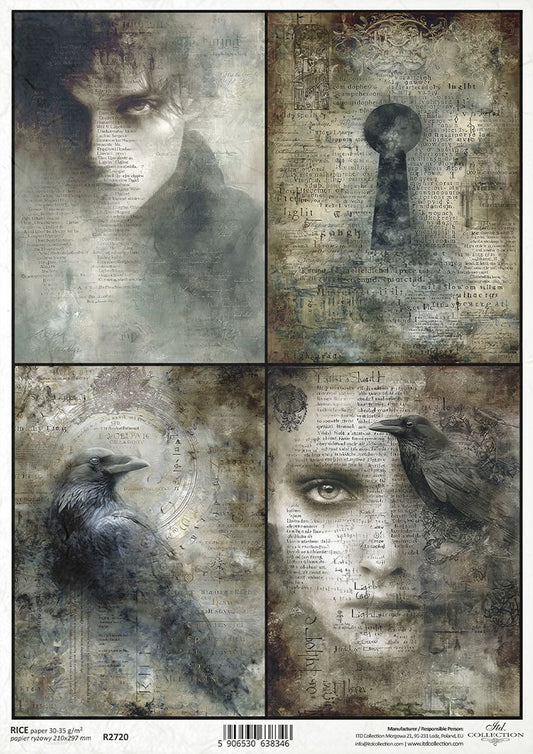 Collage of four dark-themed images featuring faces, a keyhole, and ravens on a textured background.