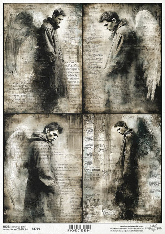 Four-panel artwork of an angel in a dark, textured style with text overlay.