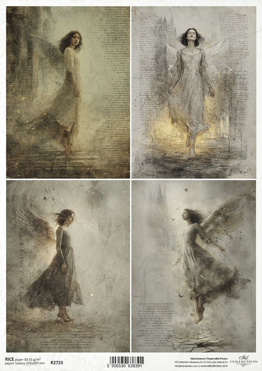 Collage of four artistic illustrations of a woman with wings in a gothic setting.