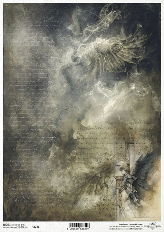 Artistic depiction of an angel with wings and a halo, surrounded by text and smoke on a textured background.