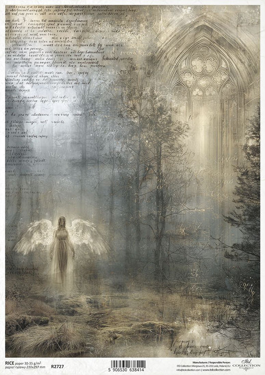 Gothic-style cathedral with an angel in a misty forest