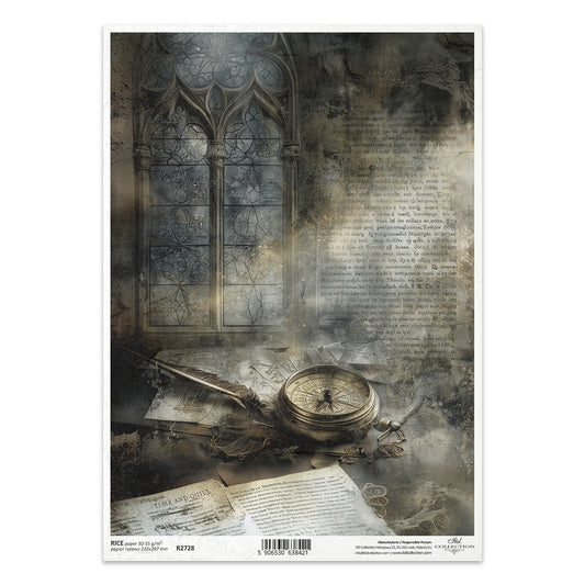 Vintage-style poster with a compass, quill, and old documents against a dark, textured background.