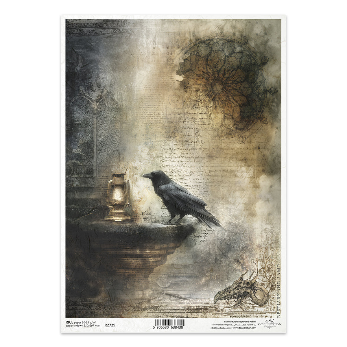 Gothic-style illustration with a raven and lantern on a textured background