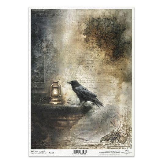 Gothic-style illustration with a raven and lantern on a textured background
