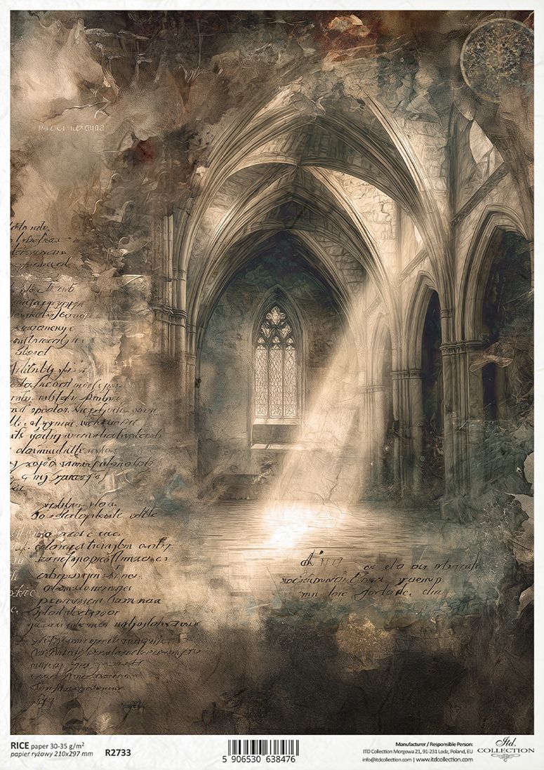 Gothic cathedral interior with sunlight streaming through a window, surrounded by handwritten text.