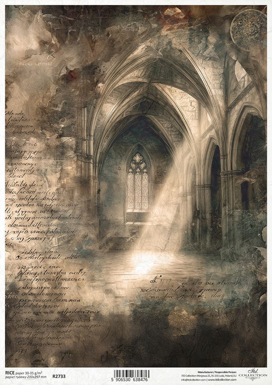 Gothic cathedral interior with sunlight streaming through a window, surrounded by handwritten text.