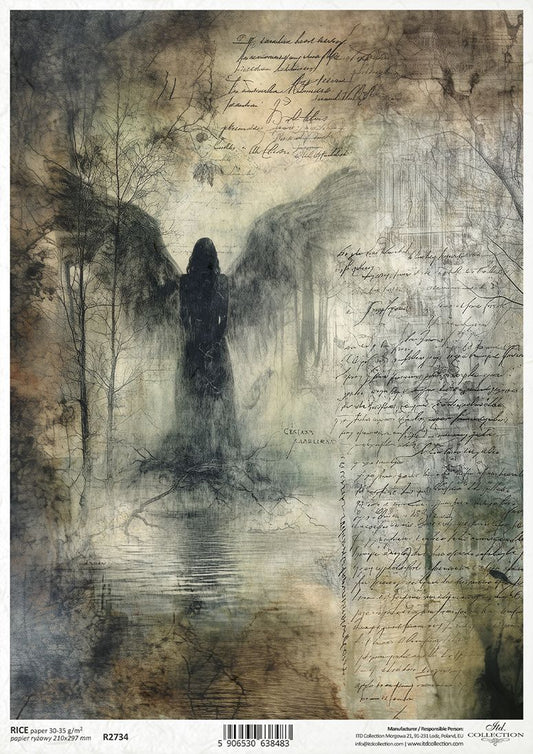 Artistic depiction of a silhouette by a body of water with text overlay on a textured background