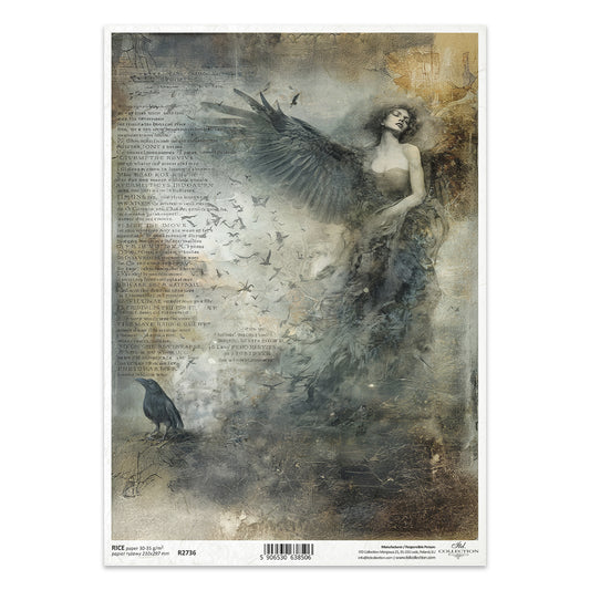 Artistic depiction of a woman with wings and a raven on a textured background