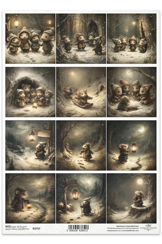 Collage of mice in a snowy landscape with lanterns at night.