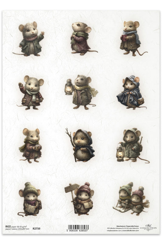 Set of illustrated mice in various poses on a white background