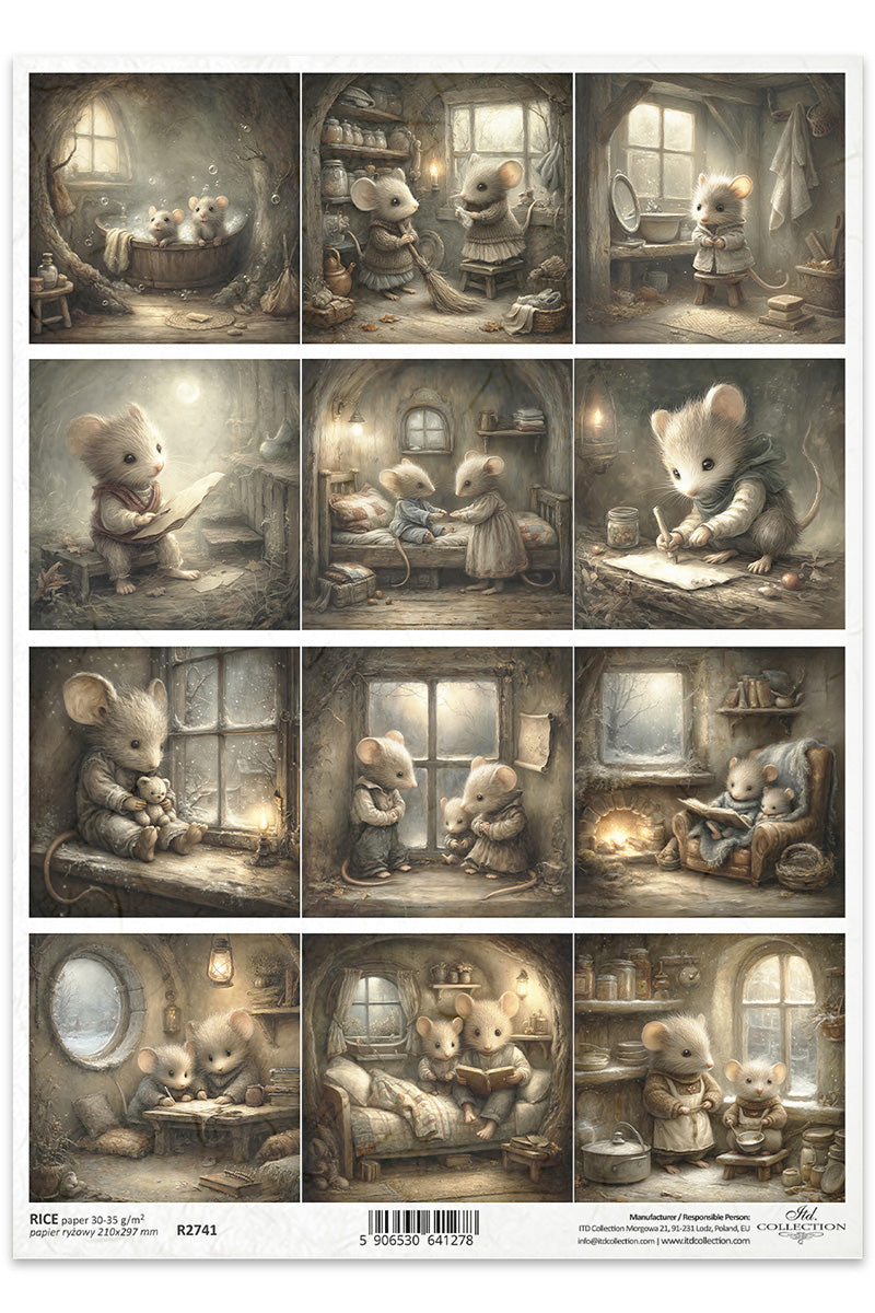 Illustrations of a mouse in various activities in a cozy room setting.