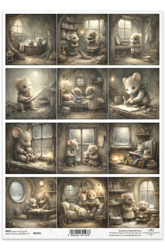 Illustrations of a mouse in various activities in a cozy room setting.