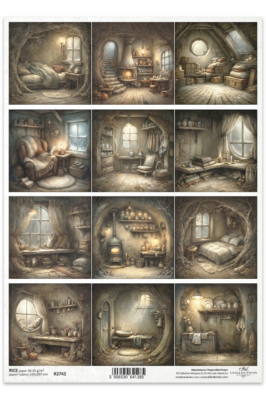 Illustrations of various cozy rooms in a collage format.