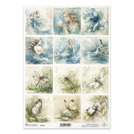 Sheet of decoupage paper with illustrations of fairies, butterflies, and dragonflies.