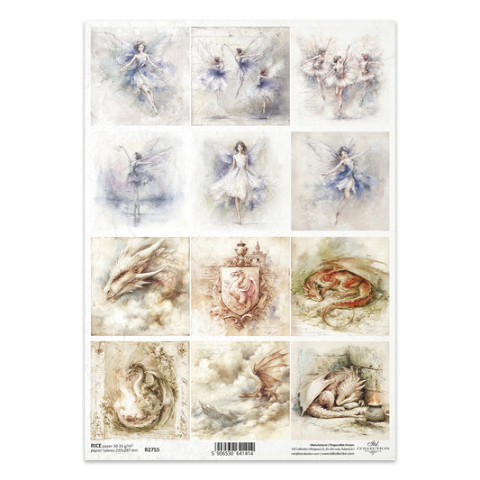 Sheet of paper with illustrations of fairies and dragons.