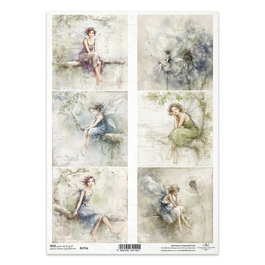 Set of six illustrated fairies sitting on flowers and branches with a soft, pastel color palette.