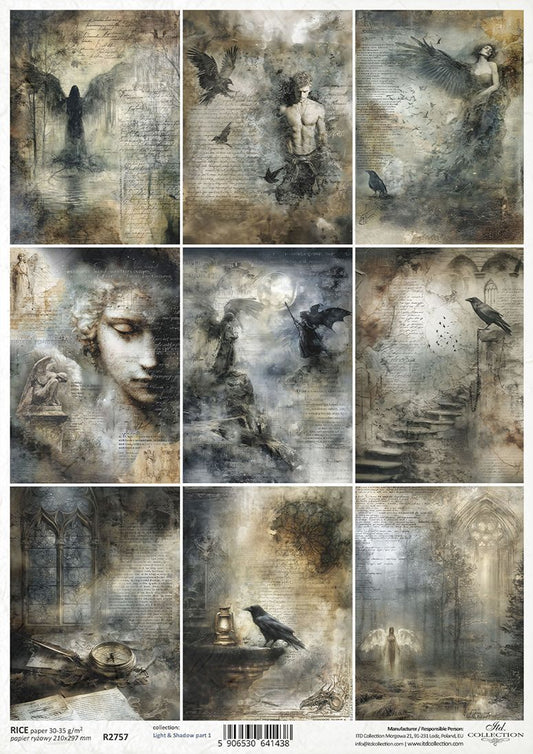 Collage of nine dark, atmospheric images featuring elements like birds, faces, and architectural details.