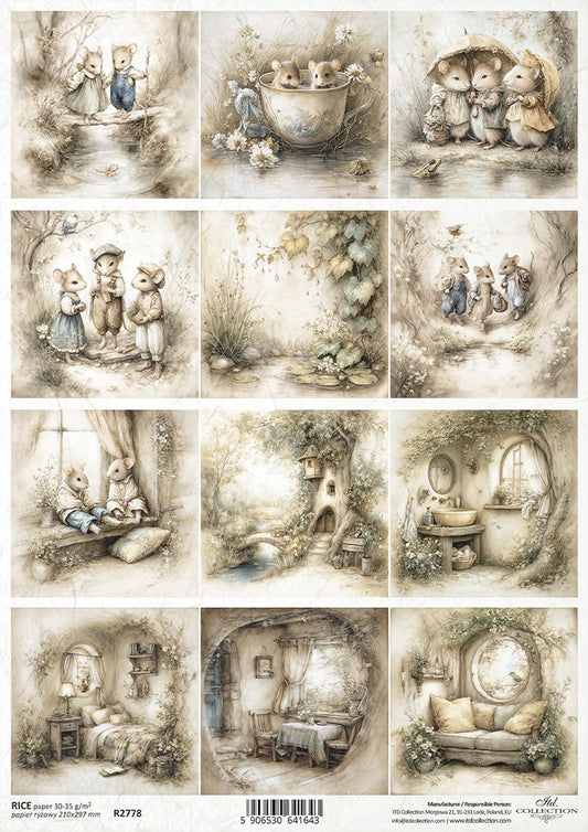Collage of vintage-style illustrations featuring mice in various settings.