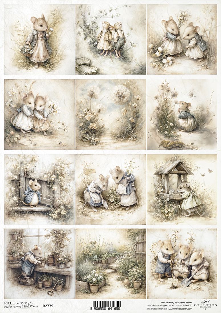Set of illustrated mouse characters in various scenarios with flowers and furniture.