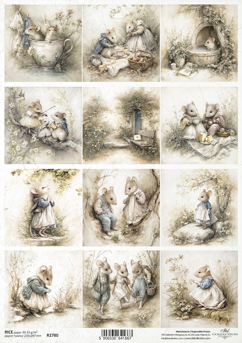 Set of vintage-style illustrations featuring mice in various scenarios.