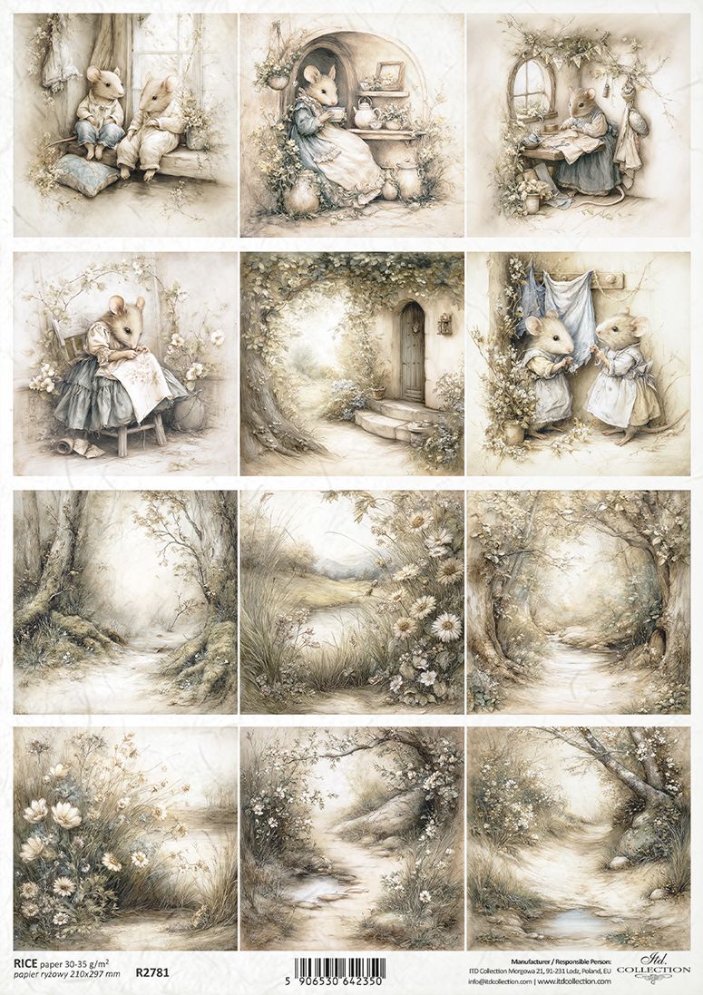 Set of illustrated scenes with mice in various settings on a white background