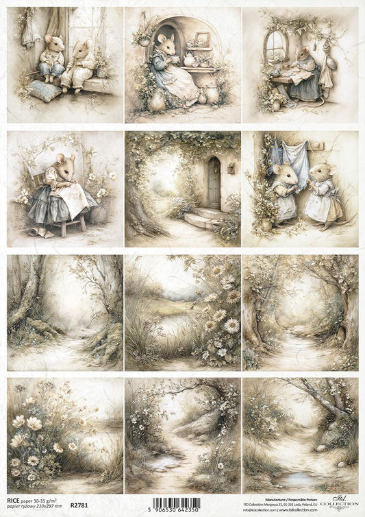 Set of illustrated scenes with mice in various settings on a white background