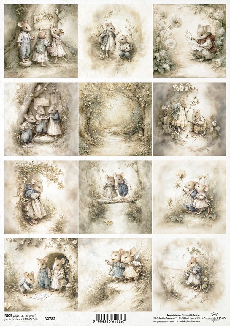 Set of vintage-style illustrations featuring mice in a rustic setting.