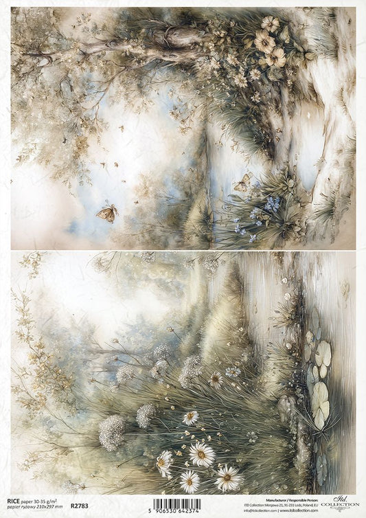 Nature-themed design with flowers and branches on a textured background
