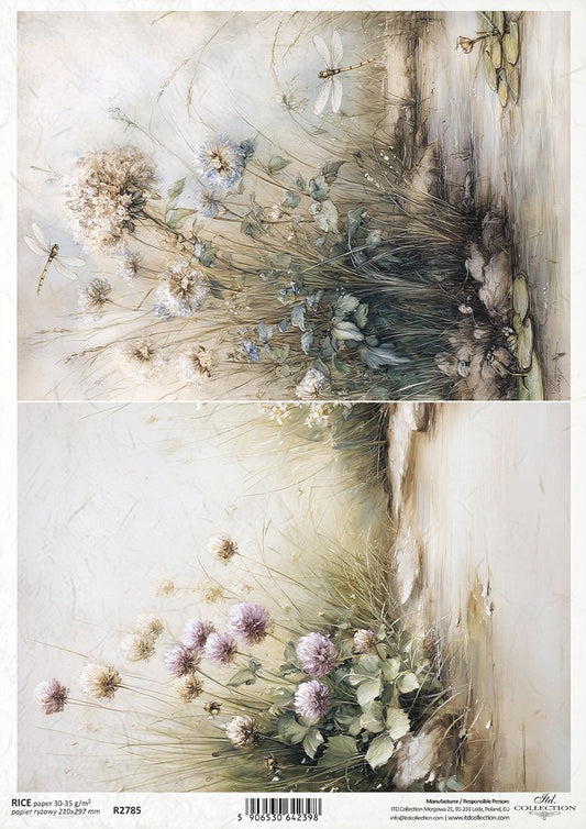 Two floral designs on a textured background with dried flowers and flowers.