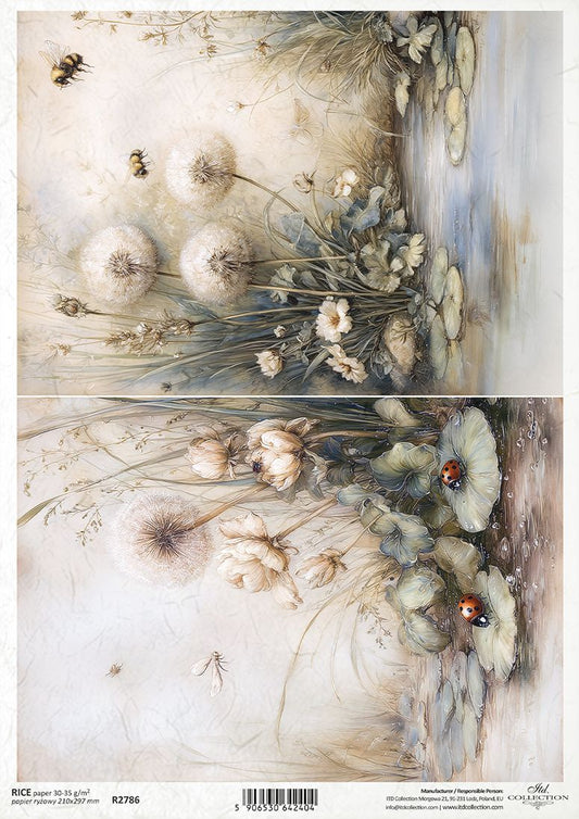 Decorative paper with floral design and insects on a textured background
