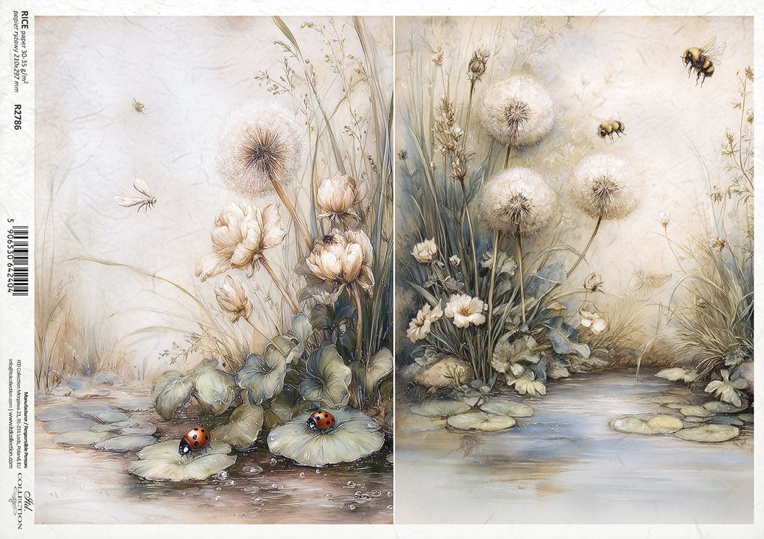 Decorative paper with floral design and insects on a textured background