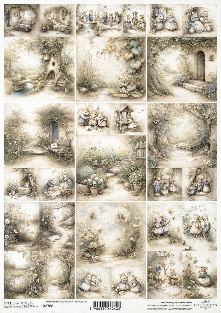 Collage of vintage-style illustrations featuring mice and landscapes on a beige background.