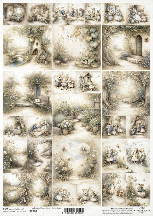 Collage of vintage-style illustrations featuring mice and landscapes on a beige background.