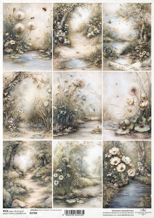 Collage of nature-themed designs with flowers and landscapes on a rice paper sheet.