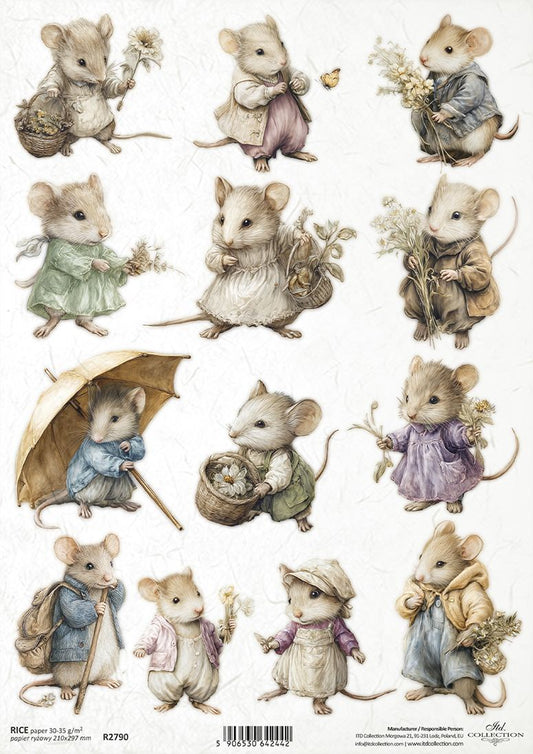 Illustrations of small mice in various outfits with flowers and accessories on a white background