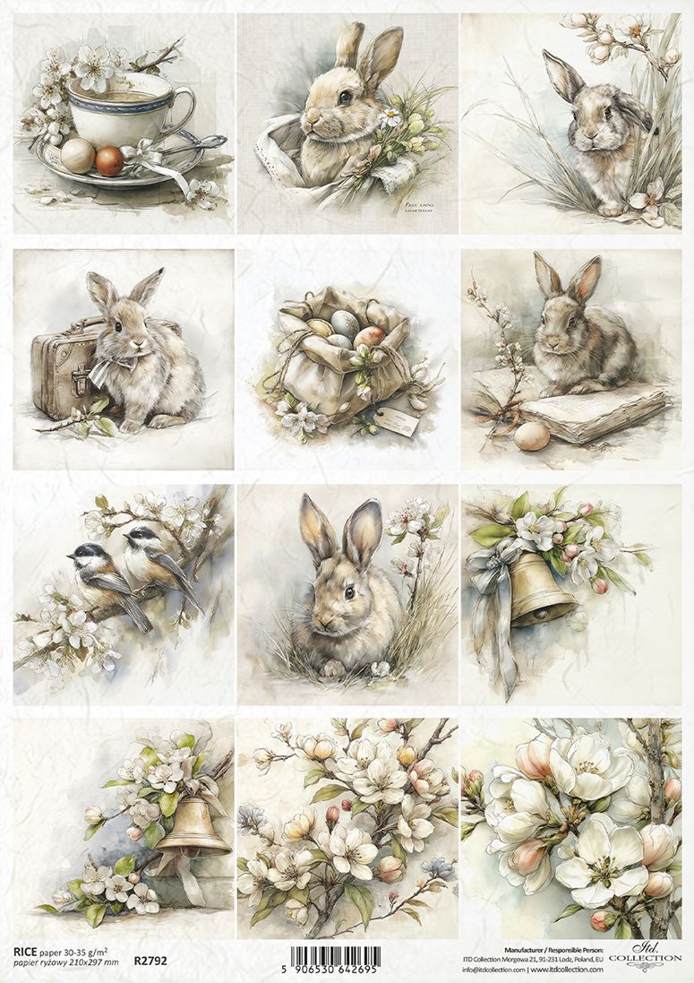 Collage of rabbits, flowers, and bells on a white background