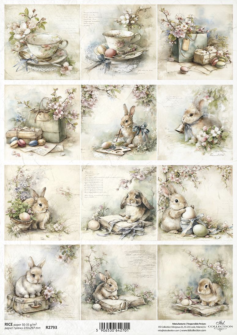 Vintage-style illustrations of bunnies, teacups, and flowers arranged in a grid.