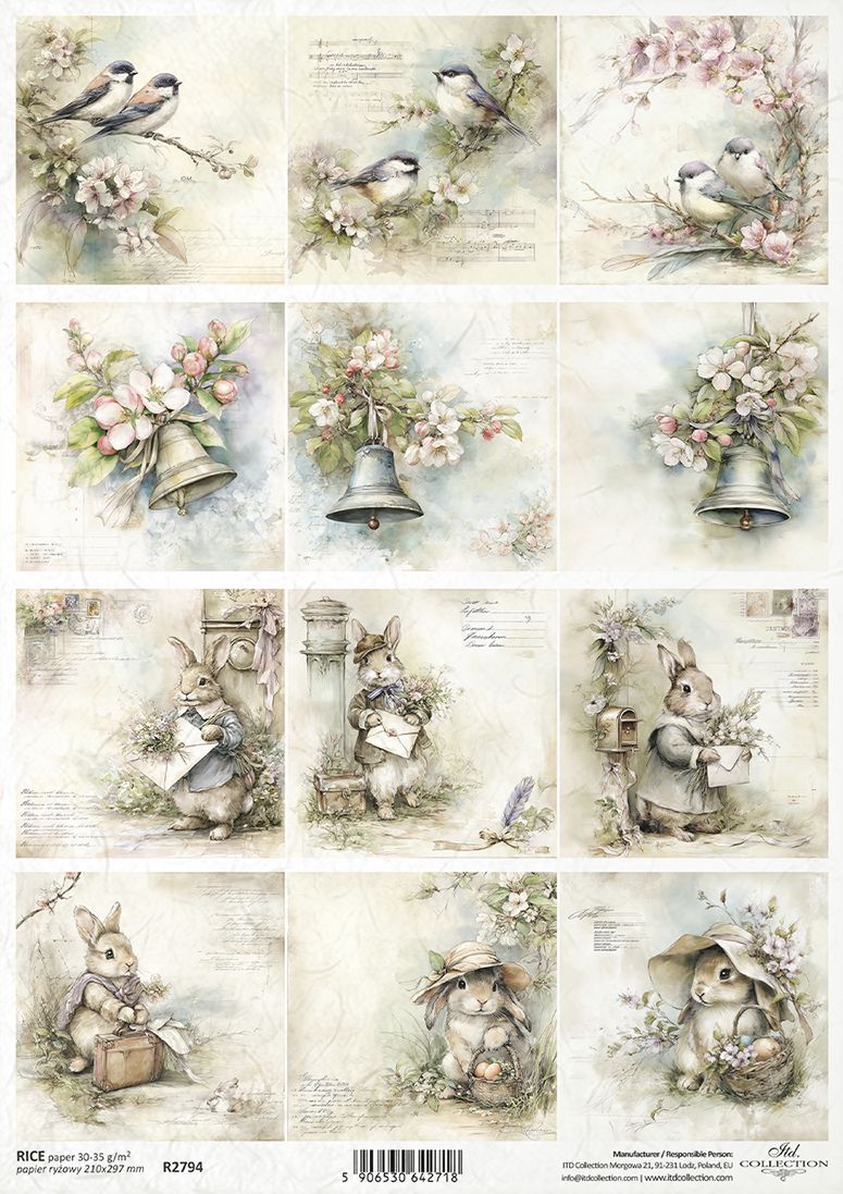 Sheet of decorative paper with illustrations of birds, flowers, bells, and bunnies on a white background.