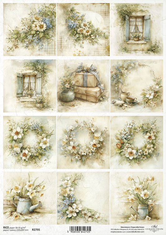 Collage of floral arrangements and home decor elements on a white background