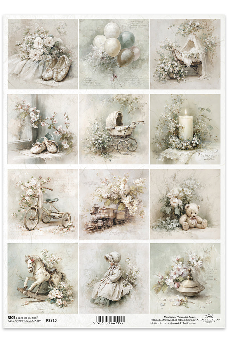 Collage of vintage-themed images including flowers, balloons, a pram, and toys on a white background.