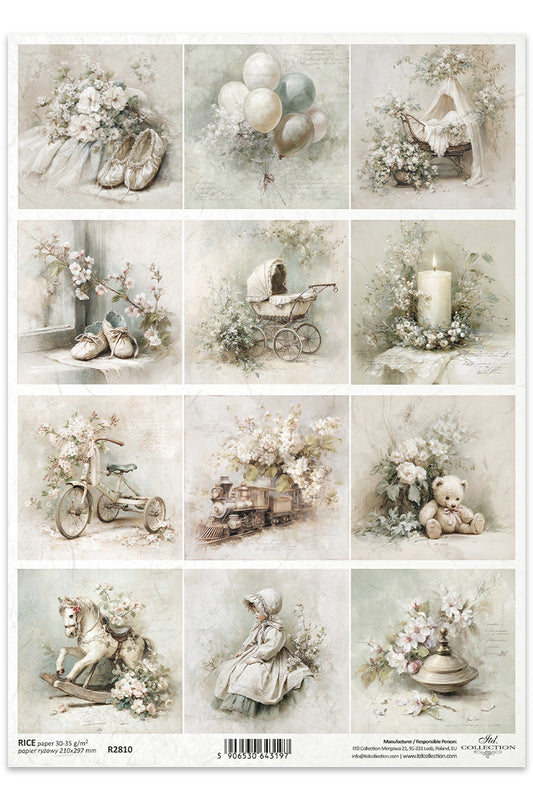 Collage of vintage-themed images including flowers, balloons, a pram, and toys on a white background.