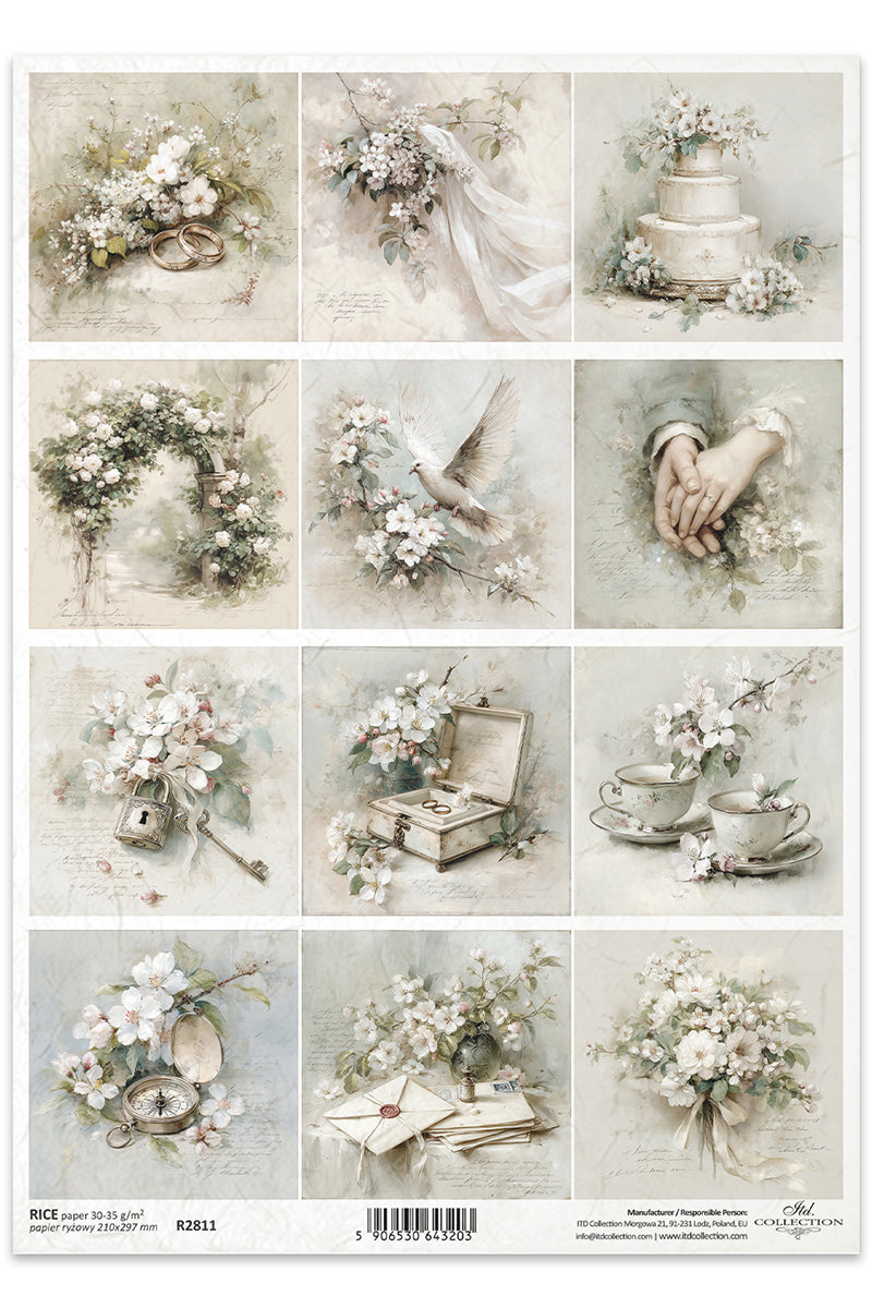 Collage of wedding-themed images including flowers, a cake, and a ring, on a white background.