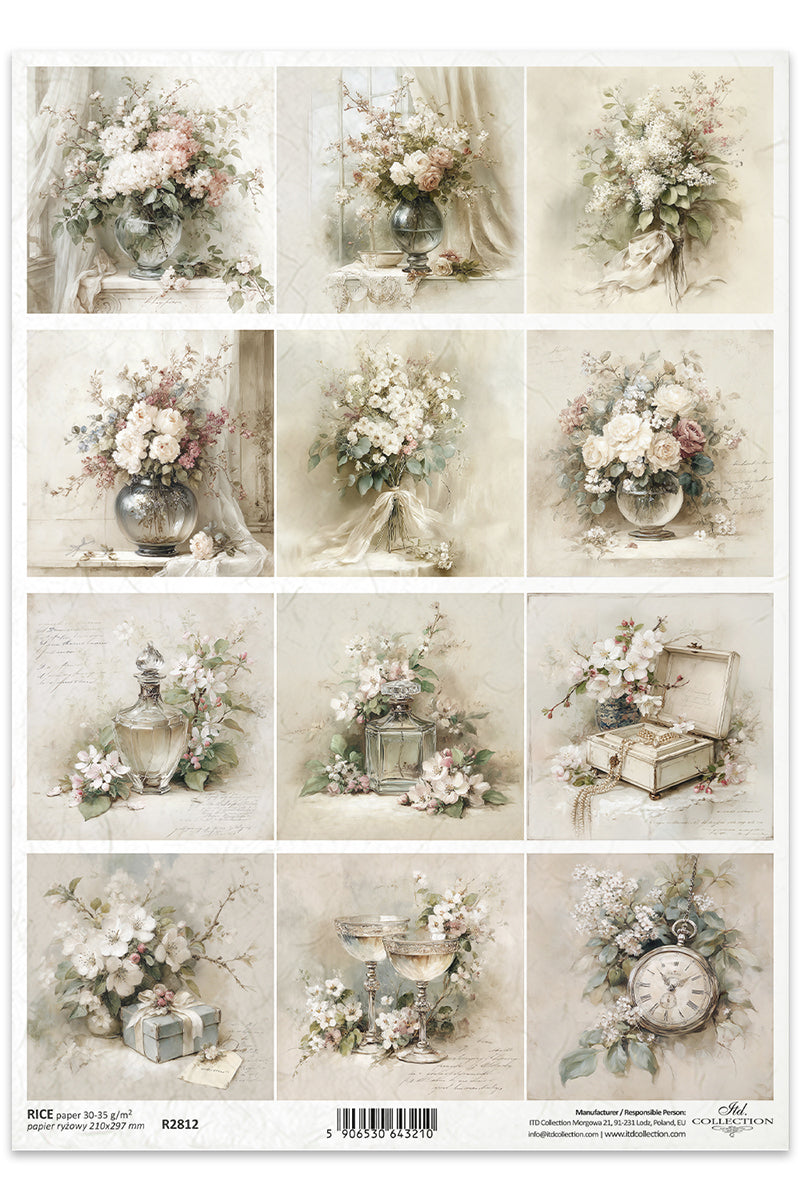 Collage of floral arrangements and decorative items on a vintage-style background