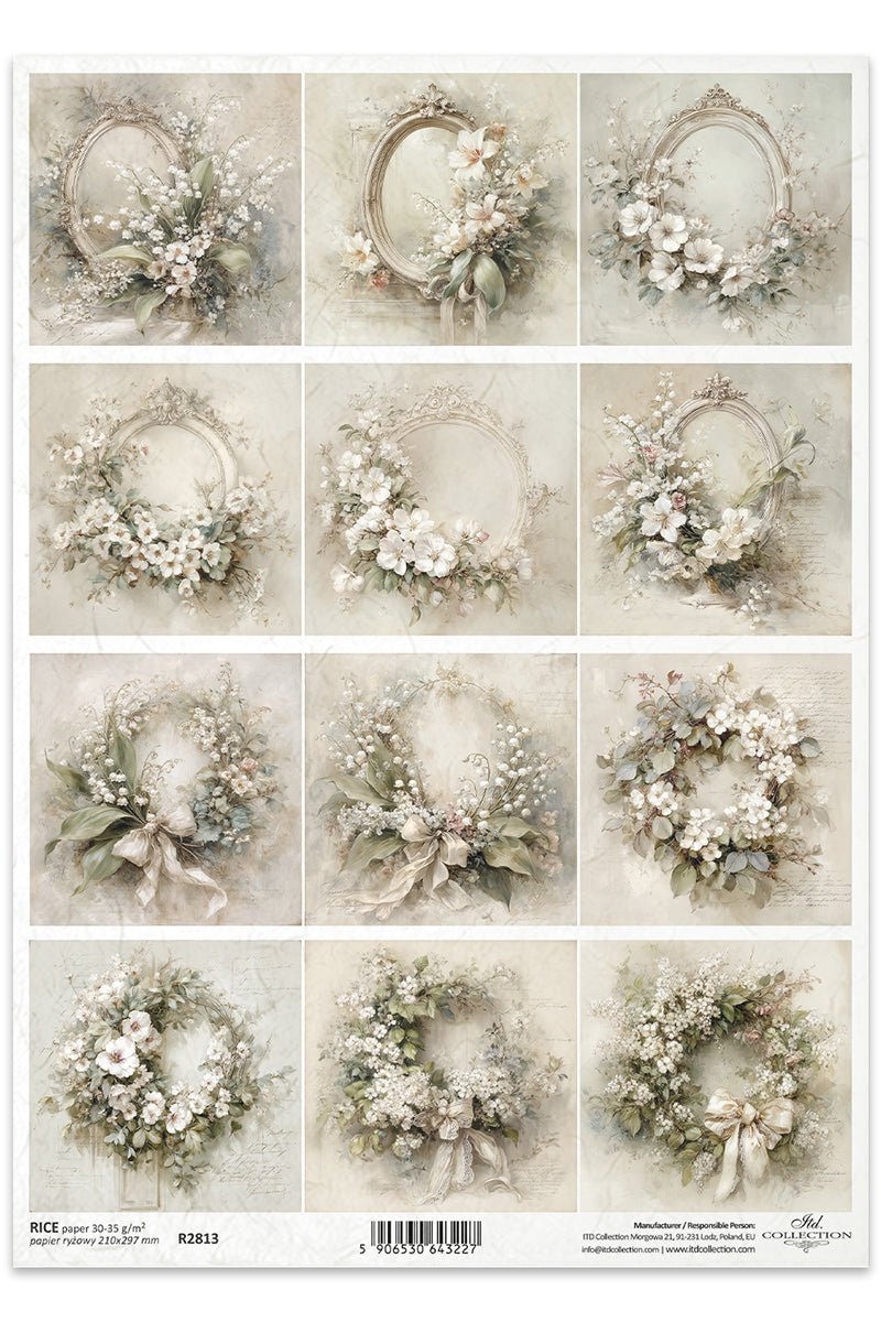 Sheet of decoupage paper with floral wreath designs on a white background