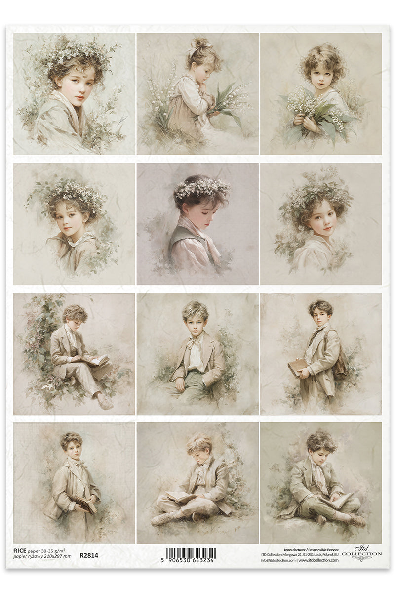 Collection of vintage-style portraits of children on a white background