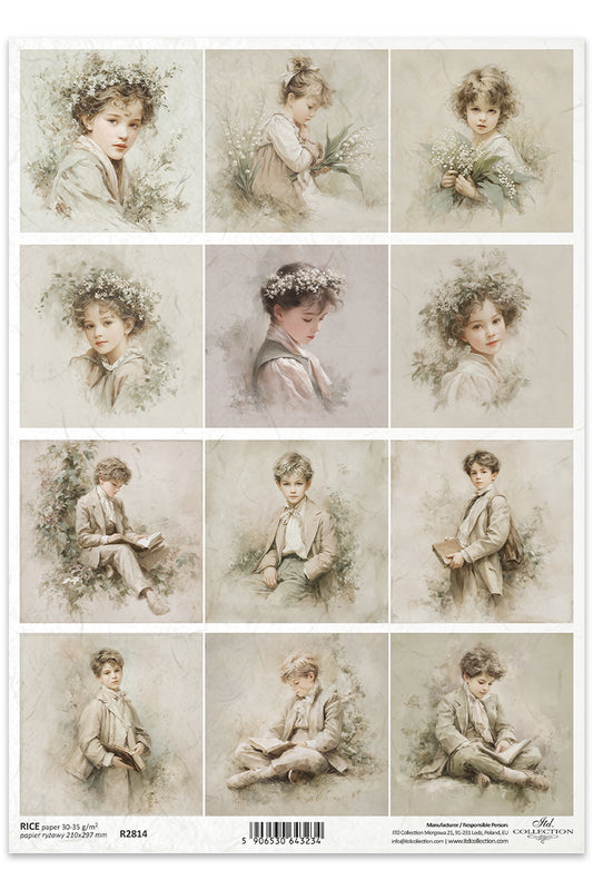 Collection of vintage-style portraits of children on a white background