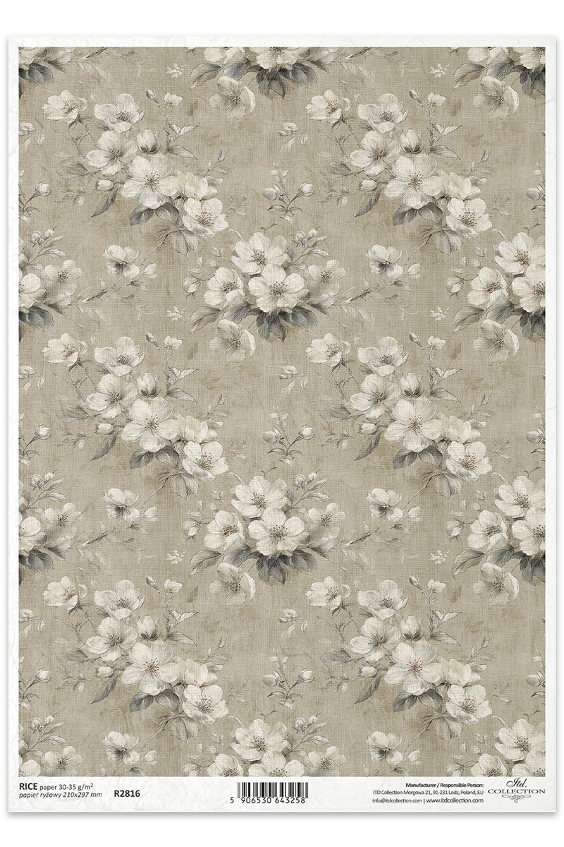Floral patterned paper with white flowers on a beige background