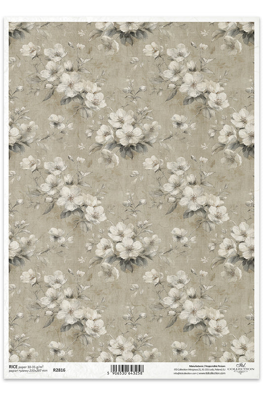 Floral patterned paper with white flowers on a beige background