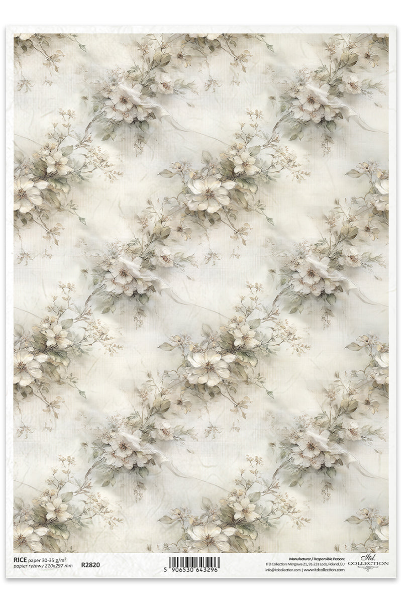 Floral patterned paper with a marble effect on a white background